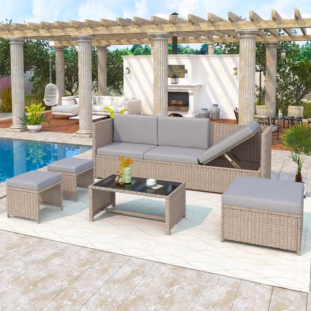 SONARA 4-6 Seater Rattan Garden Furniture Set with Table and Stool in Light Grey – 1