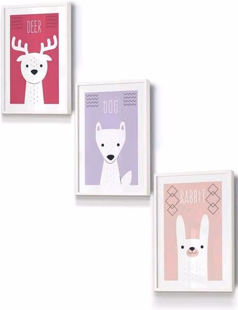 ARTZE Scandi Nursery Forest Animals Framed Wall Art in Pink, Lilac and White, W: 33 cm, H: 45 cm, D: 2 cm