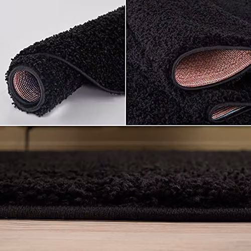 THE RUGS Black Plain Shaggy Round Rug, Diameter: 120 cm – 4