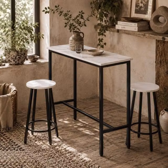 Wyld Haus Telano 3 Piece Marble Effect Bar Table and Stool Set in White and Black – 1