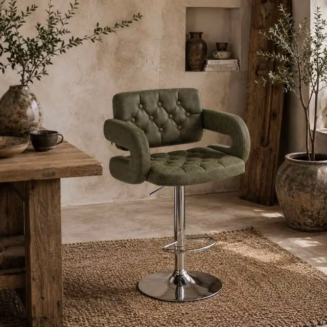 Wyld Haus Dovetti Green Faux Leather Adjustable Swivel Bar Stool with Armrests – 1