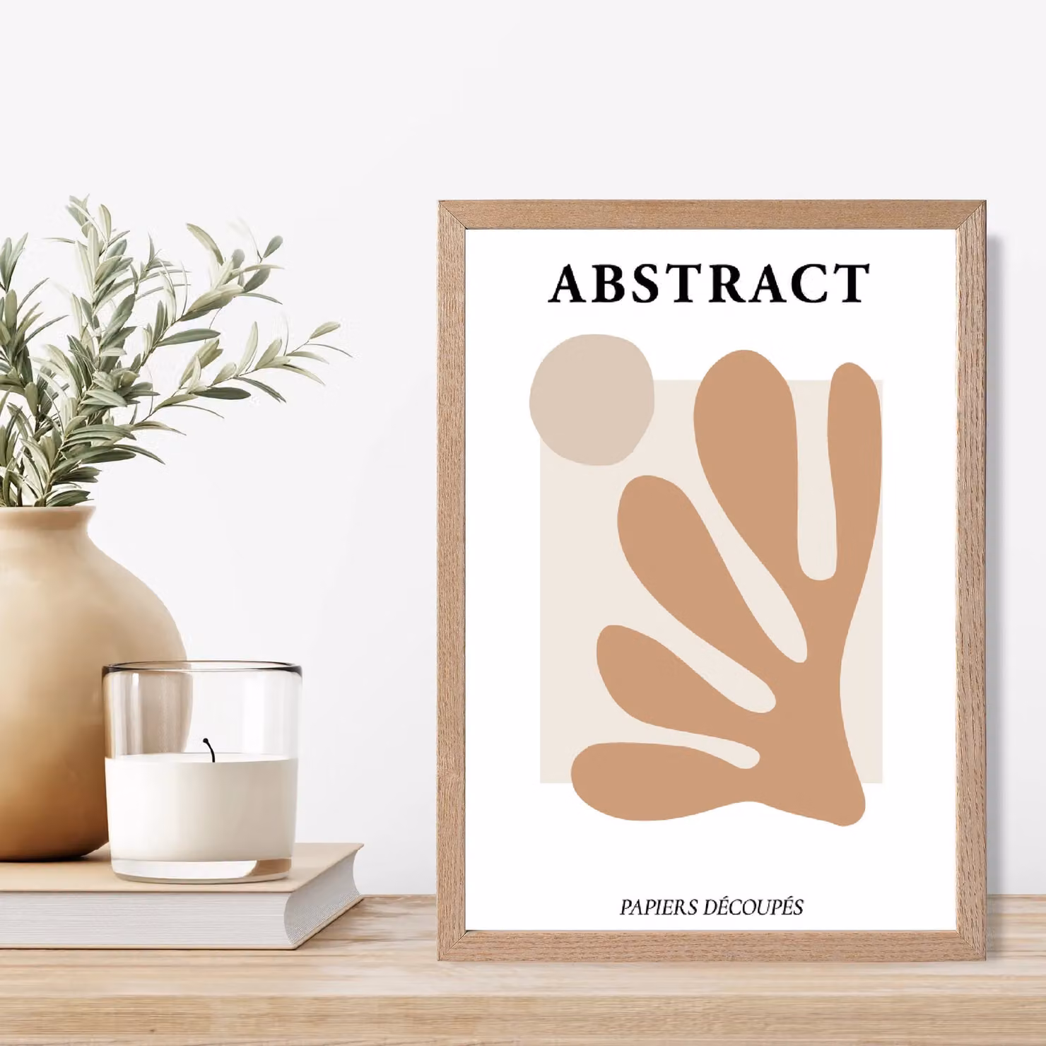 ARTZE Matisse Floral Cutout Mid Century Framed Print in Orange and Beige with Oak Frame – 2