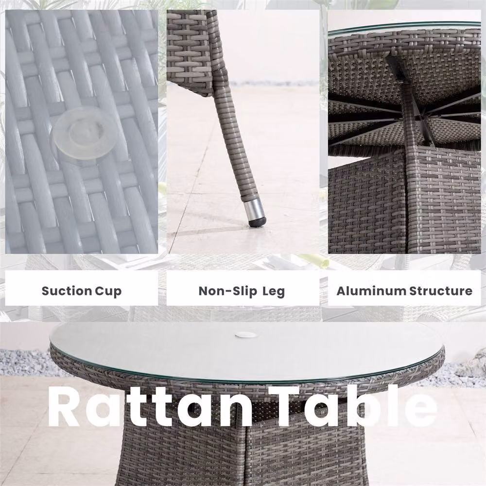 Direct Wicker 4-Seater Round Garden Dining Set in Grey with Powder Coated Aluminium Frame and Glass Top – 5