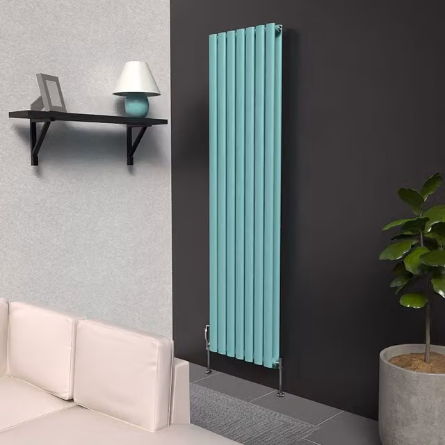 Lux Heat Oval Coloured Vertical Radiator in Light Aqua Green, H 160.0 cm x W 42.0 cm