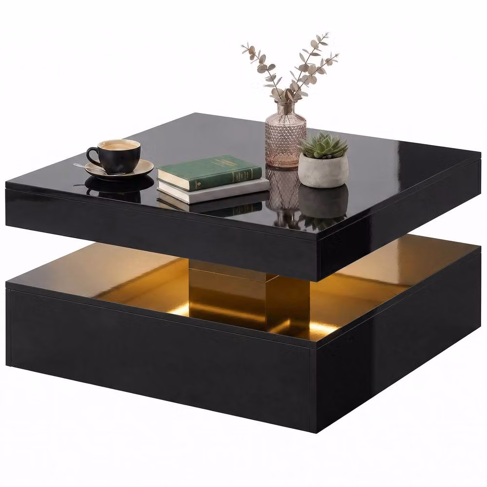 STILVORA Modern Glossy Black Square Coffee Table with Glass and Open Storage – 3