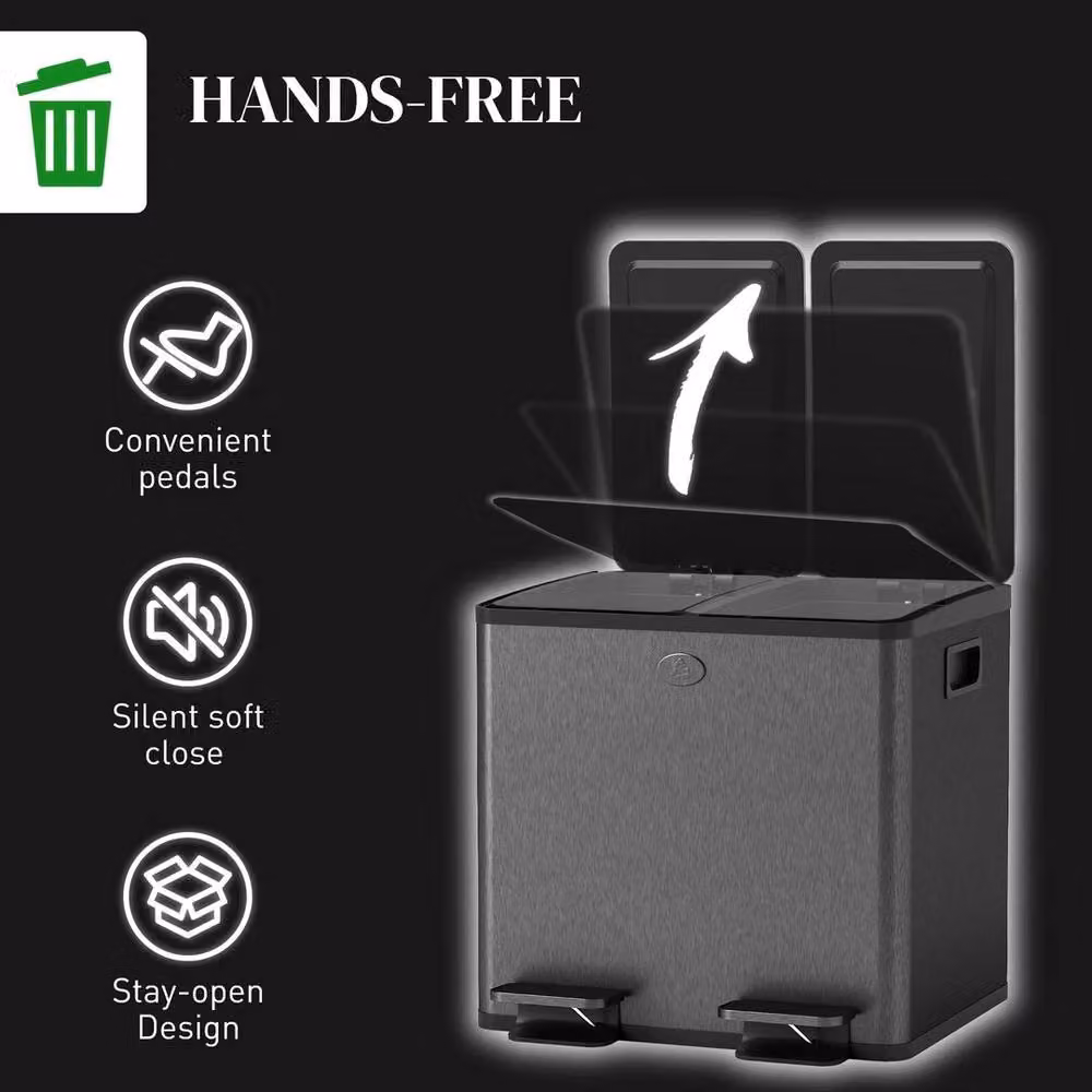 NESTLUNE Dual Kitchen Pedal Bin, 2 x 15L, Anthracite Grey Stainless Steel, H 100 cm x W 30 cm x D 15 cm – 3