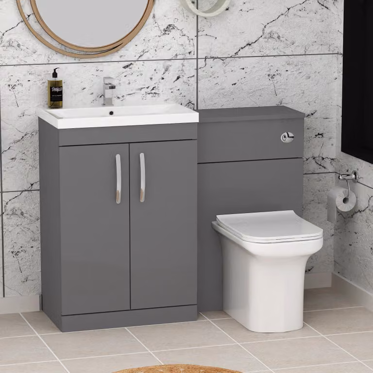 Royal Bathrooms Turin 1100mm Indigo Grey Gloss 2-Door Mid-Edge Basin and Crosby Back to Wall Toilet Pack