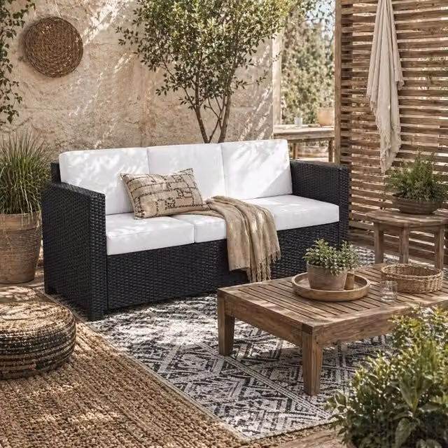 Wyld Haus Sudori 3 Seater Outdoor Sofa in Black Rattan with Cream Cushions – 1
