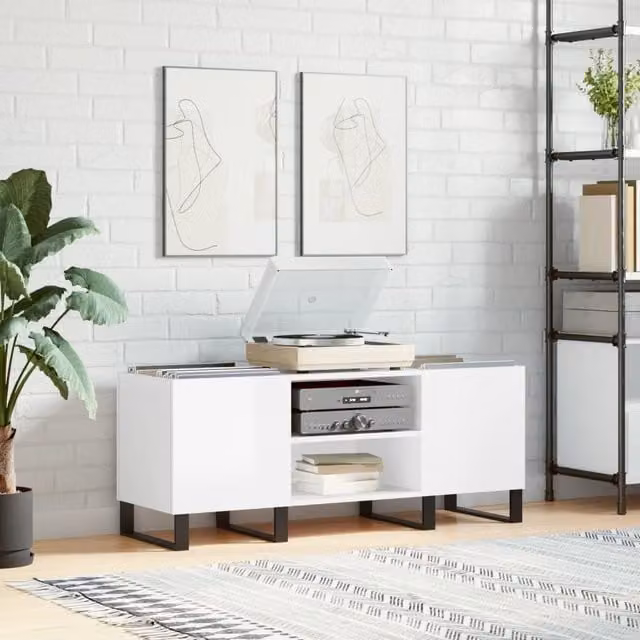 Berkfield Home Record Cabinet in High Gloss White, W/D/H: 121 x 38 x 48 cm