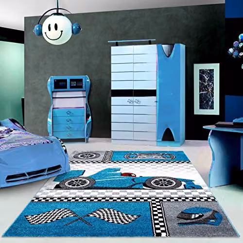 Bravich Blue Cars Kids Rug, W: 160 cm, D: 230 cm, Soft Anti-Allergic Polypropylene Play Mat for Bedrooms and Nurseries – 1