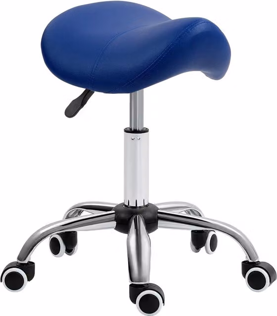 HOMCOM Blue PU Leather Adjustable Height Saddle Stool with Castors and Metal Frame