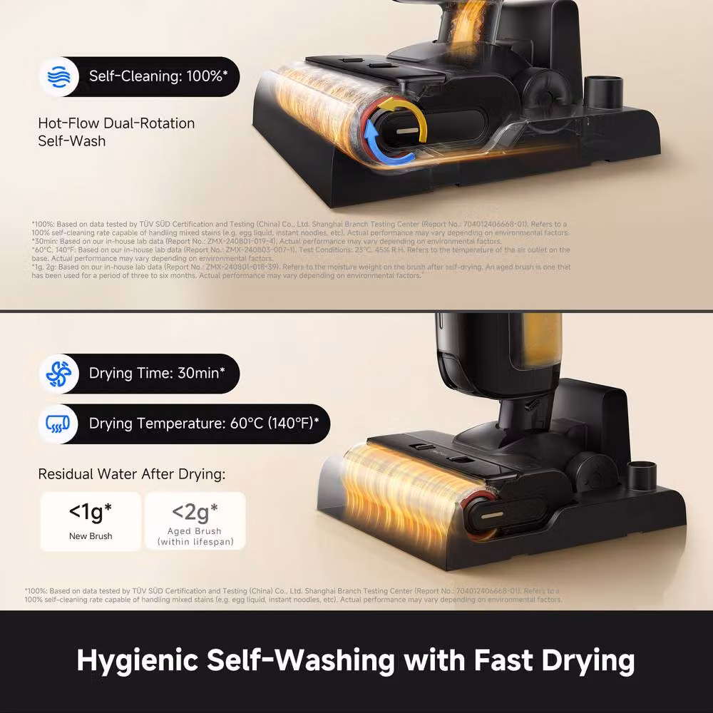 Mova M10 Air Wet and Dry Vacuum Cleaner in Black with 20,000Pa Suction, Hot Air Brush-Drying System and 180-Degree Lie-Flat Design – 4