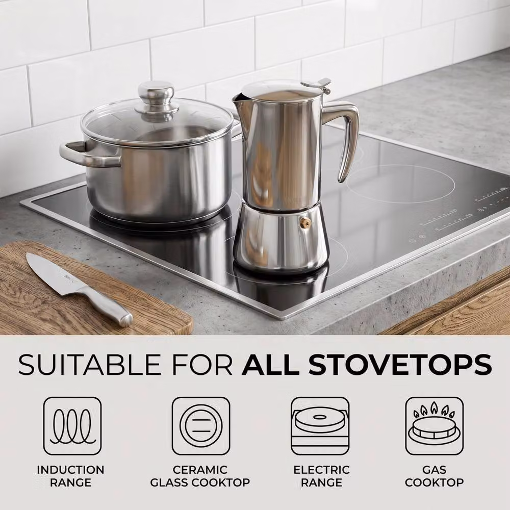 Crystals 6 Cup Stainless Steel Espresso Maker Stovetop Moka Pot in Metallic Silver – 6