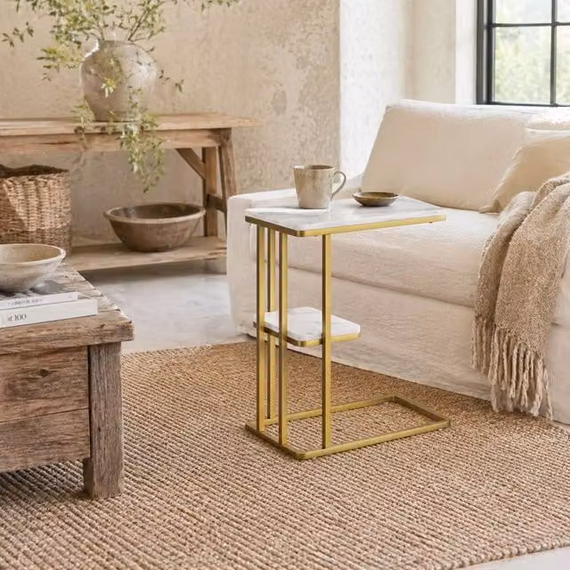 Wyld Haus Neso Slim C Shaped Side Table with White Marble Top and Gold Tone Metal Frame