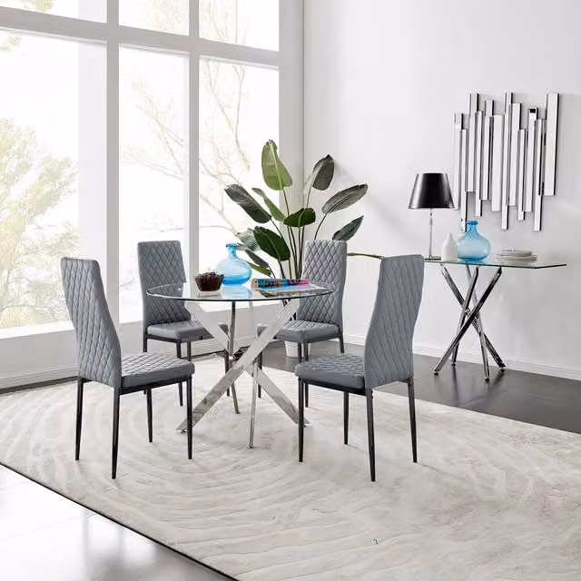 FurnitureboxUK Novara 100cm Round Glass Dining Table and 4 Milan Black Leg Chairs in Grey