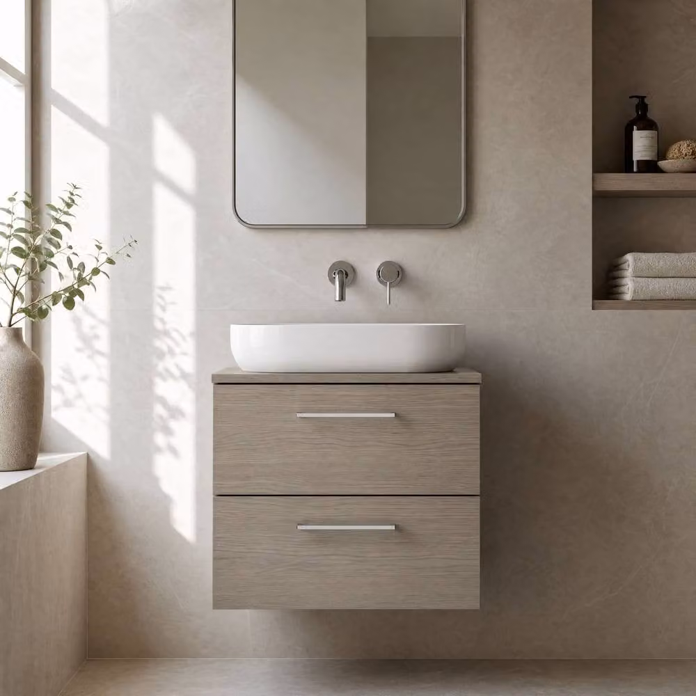 Balterley Solace Oak 600mm Wall Hung 2 Drawer Bathroom Vanity Unit with Worktop in Brown – 3