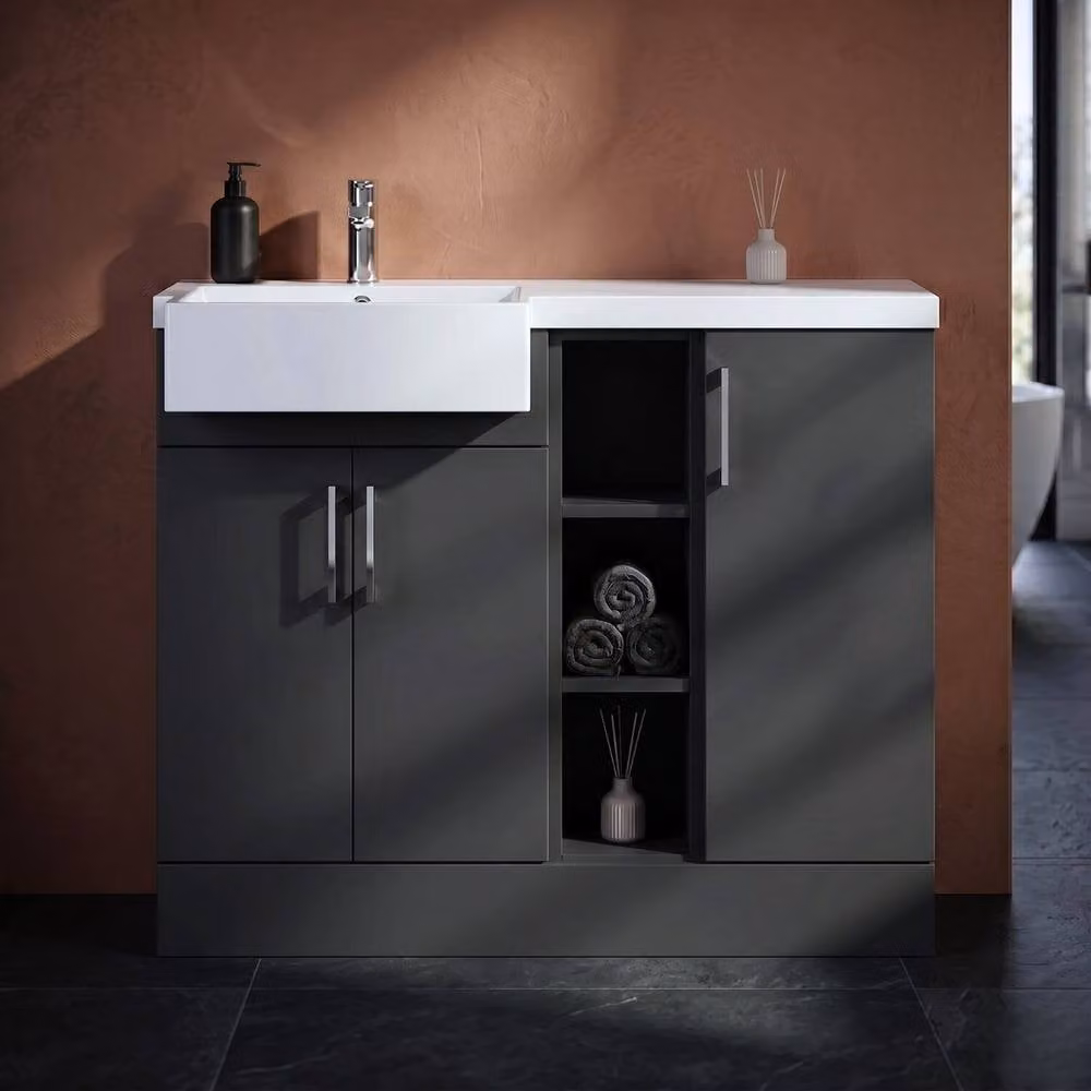 Balterley Wichnor Contemporary Floor Standing 3 Door Combination Vanity Basin Unit with Open Shelves and Polymarble Basin, Width: 100 cm, Dark Grey – 3