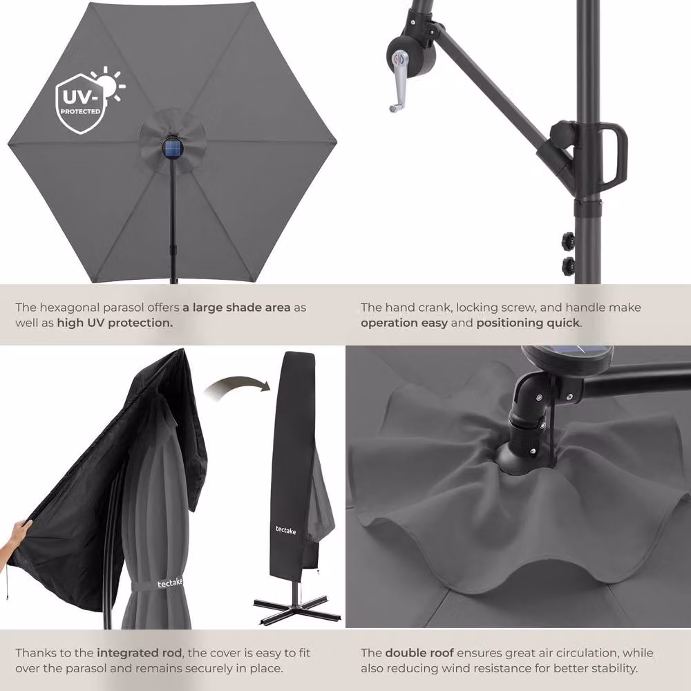 tectake 360 Degree Rotating Cantilever Parasol with LED Solar Lighting, Grey, W/D: 300 x 300 cm – 4