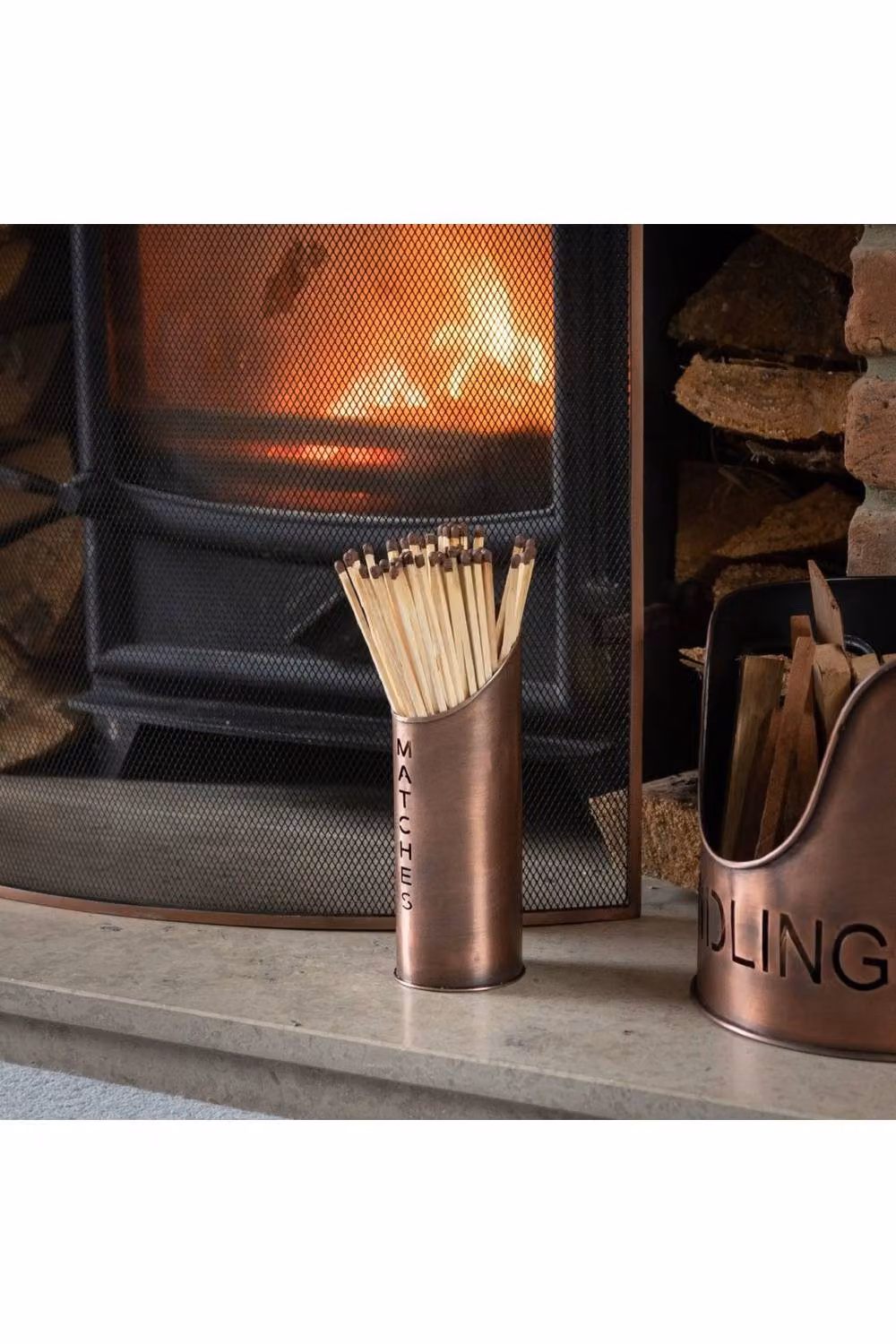 KDMD Bronze Copper Finish Metal Log, Kindling and Matchstick Holder Set – 3