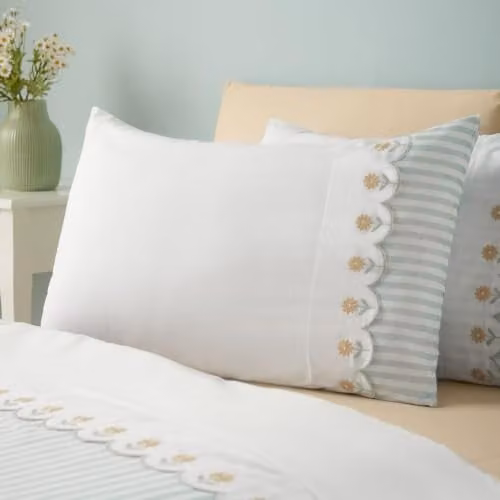 Catherine Lansfield Embroidered Daisy Soft Touch Microfibre Duvet Cover and Pillowcase Set, Green, W/D/H: 200 x 200 cm