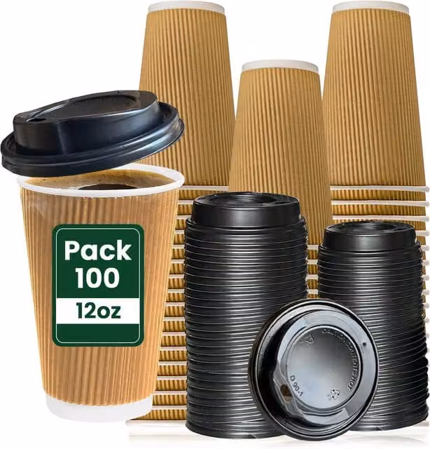 ECONX Disposable Paper Coffee Mugs with Lids, Brown and Black, 355ml, Pack of 100