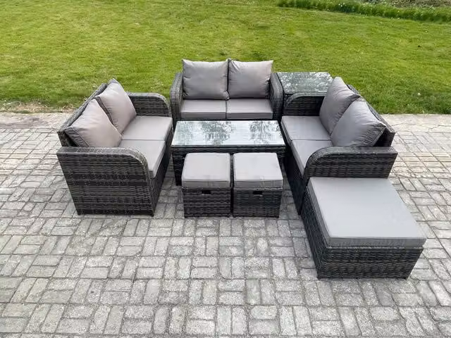 Fimous 8 Piece Wicker Rattan Garden Furniture Set with Coffee Table, Love Seat, 3 Footstools and Side Table in Dark Grey