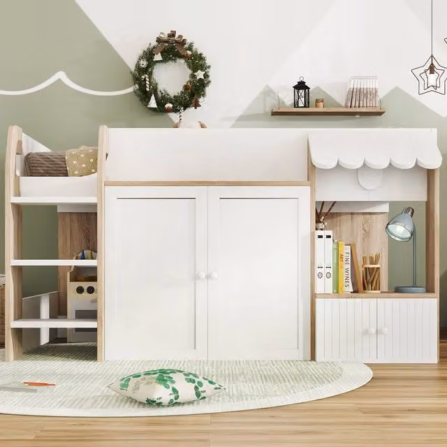 Merax White Mid Sleeper Cabin Bed Frame for Children with Stairs and Side Compartments, W/D/H: 195 x 90 x 118 cm – 1