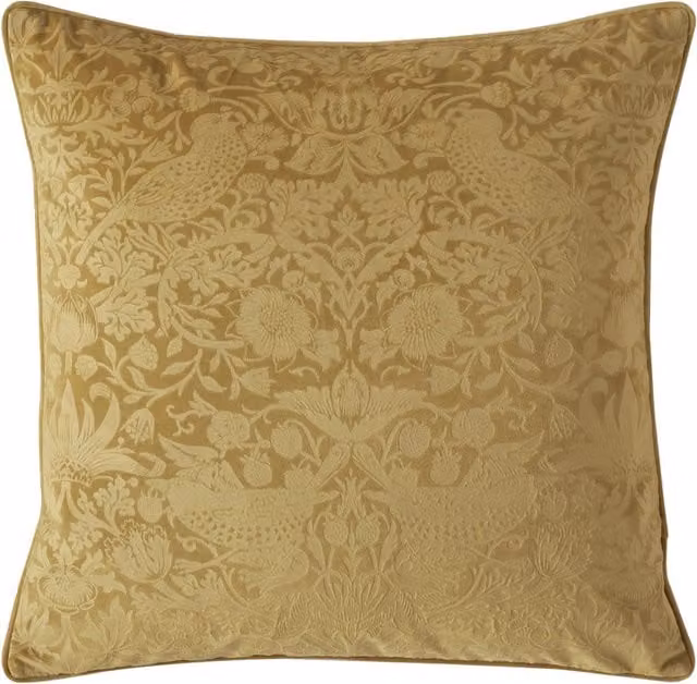 William Morris At Home Strawberry Thief Velvet Embossed Microfibre Filled Square Cushion, Cider, W/D/H: 50 x 50 x 50 cm
