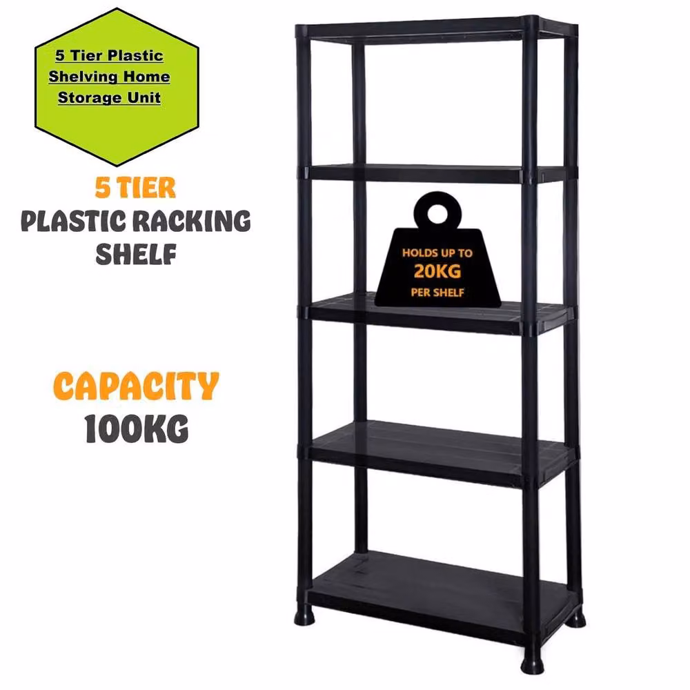 FLAVORA 5 Tier Plastic Home Storage Shelving Unit, Black, W/D/H: 60 x 30 x 172 cm – 5