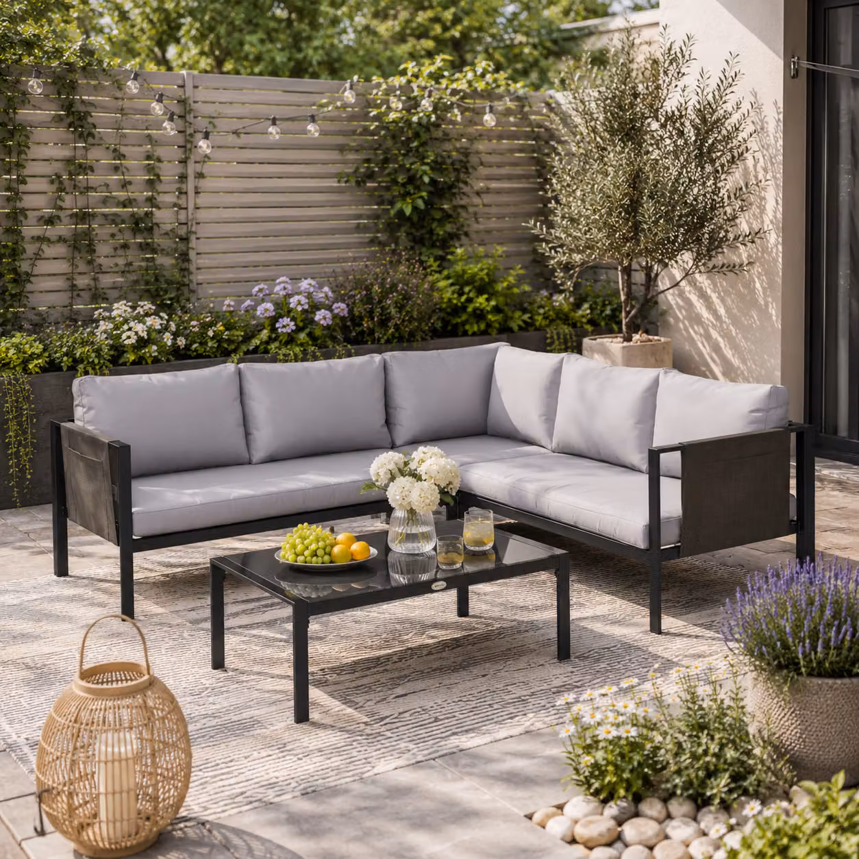 Outsunny 4 Piece Garden Furniture Set with Metal Sofa, Tempered Glass Coffee Table and Padded Cushions in Light Grey – 2