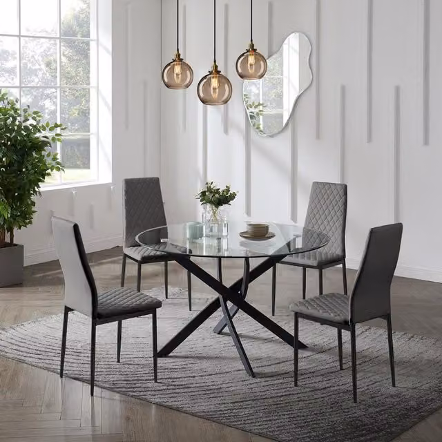 GRS Round Clear Glass Dining Table with 4 Grey Faux Leather Chairs and Black Legs, Diameter: 100 cm, Height: 75 cm