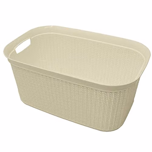 JVL White Knit Design Loop Plastic Rectangular Linen Washing Basket with Handles, 38L, W/D/H: 36.5 x 25.5 x 56.5 cm