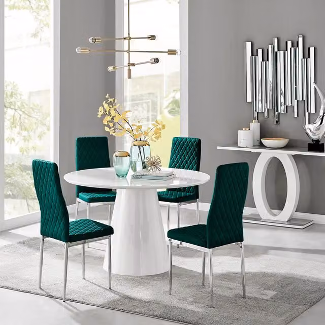 FurnitureboxUK Palma White High Gloss Round Dining Table with 4 Green Velvet Milan Chairs