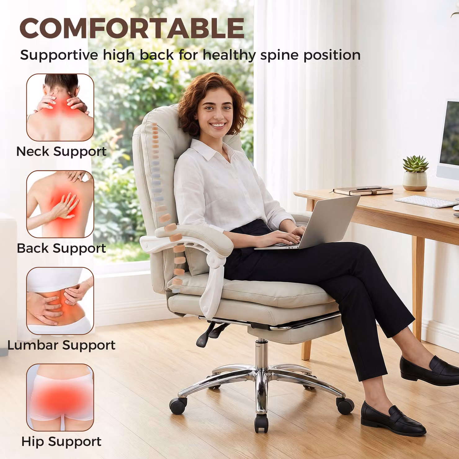 HOMCOM Ergonomic Executive Office Chair in Beige Velvet with Headrest, Lumbar Support and Footrest – 4