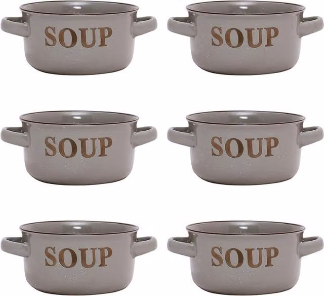 Dibor Set of 6 Classic Peppered Grey Ceramic Soup Bowls with Handles, Dia: 13.4 cm, H: 7 cm