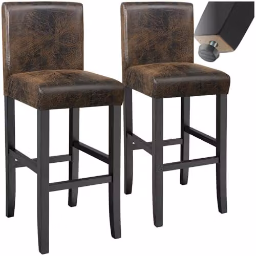 tectake Set of 2 Dover Bar Stools in Antique Brown with Synthetic Leather and Wood Legs