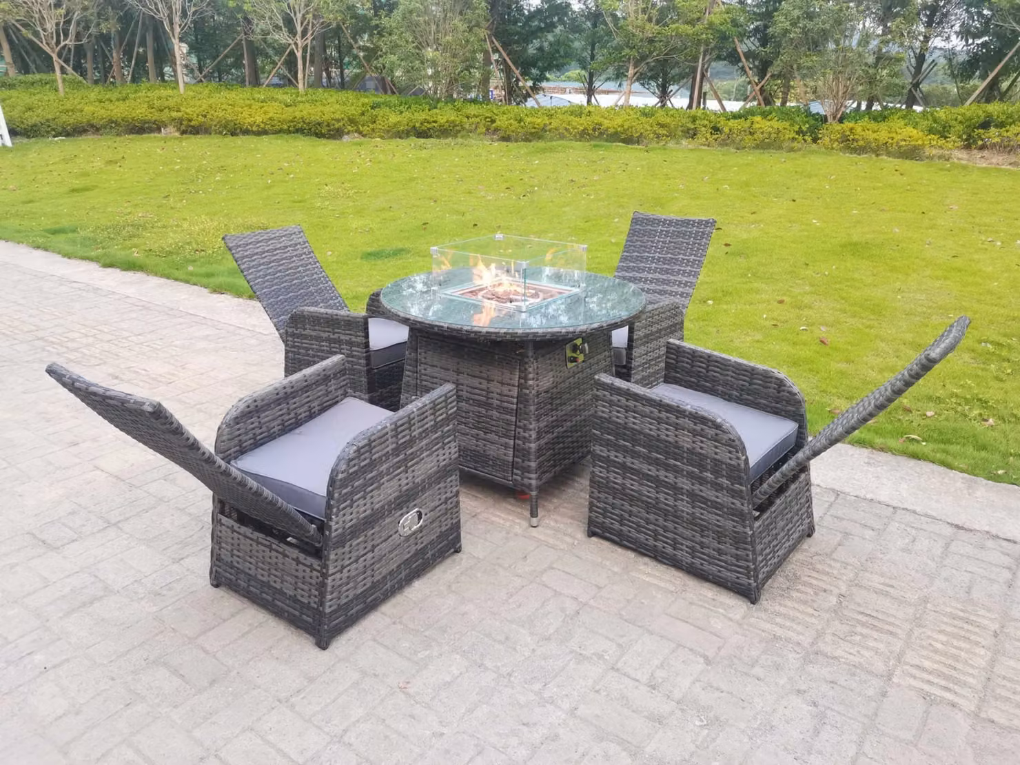 Fimous 4 Seater Rattan Gas Fire Pit Dining Set with Round Table and Chairs in Grey – 2