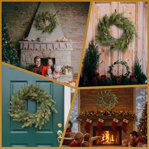 SHATCHI Green Fir Wreath with Pine Cones, 80 cm Diameter, Artificial Real Touch Christmas Wreath – 6