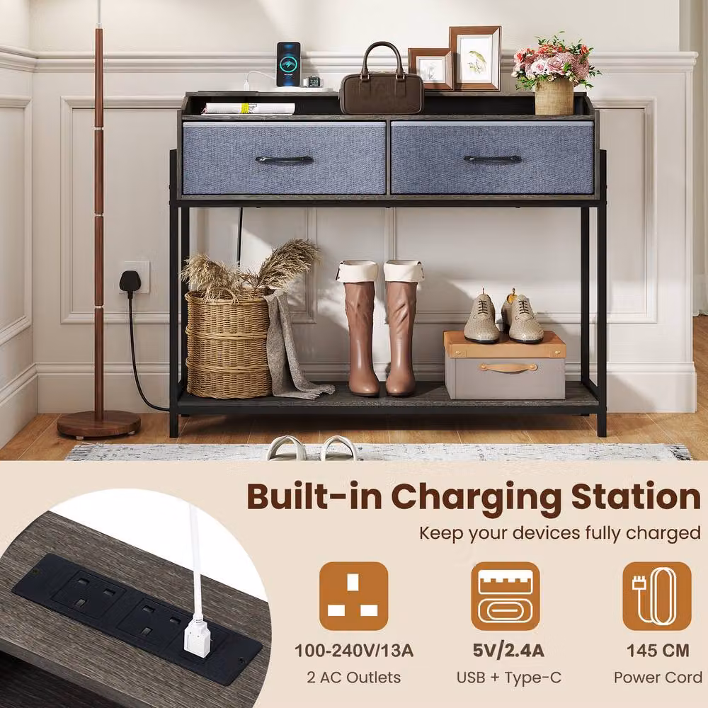 Costway Grey Industrial Console Table with Charging Station and Shelves – 6