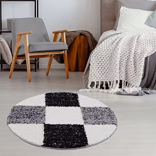 THE RUGS Modern Grey Checked Round Shaggy Area Rug, Diameter: 120 cm – 3