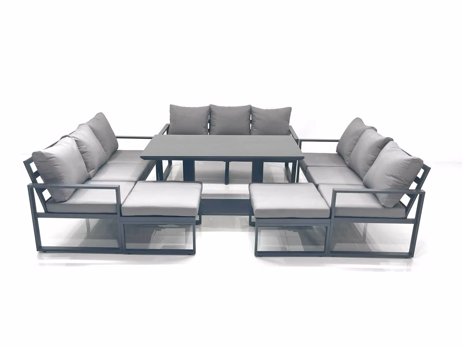 Fimous 11 Seater Garden Sofa Set with Height Adjustable Dining Table and 2 Footstools in Dark Grey Powder Coated Aluminium – 2