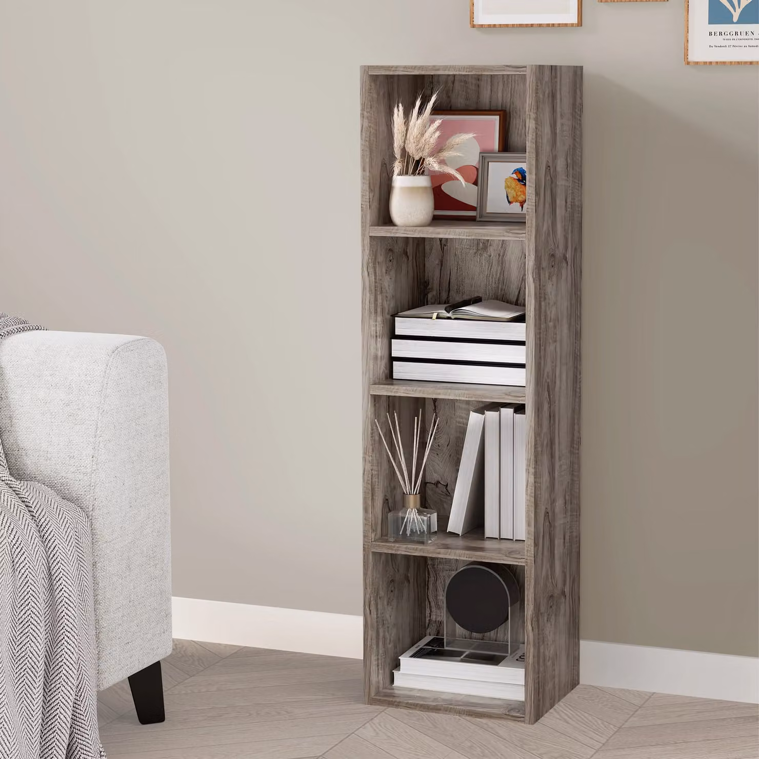 DHS Modern Cube Storage Unit Tall Narrow 4-Shelf Bookshelf in MDF