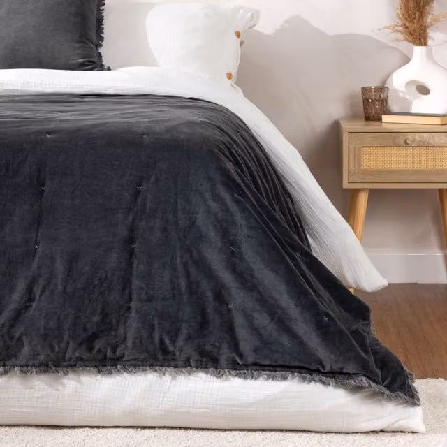 Yard Jaye Dark Blue Fringed Cotton Velvet Bedspread