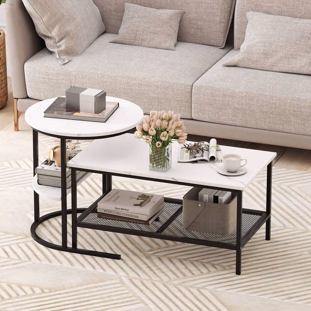 Gymax Set of 2 Nesting Coffee Tables with White Faux Marble Tops and Metal Legs – 5