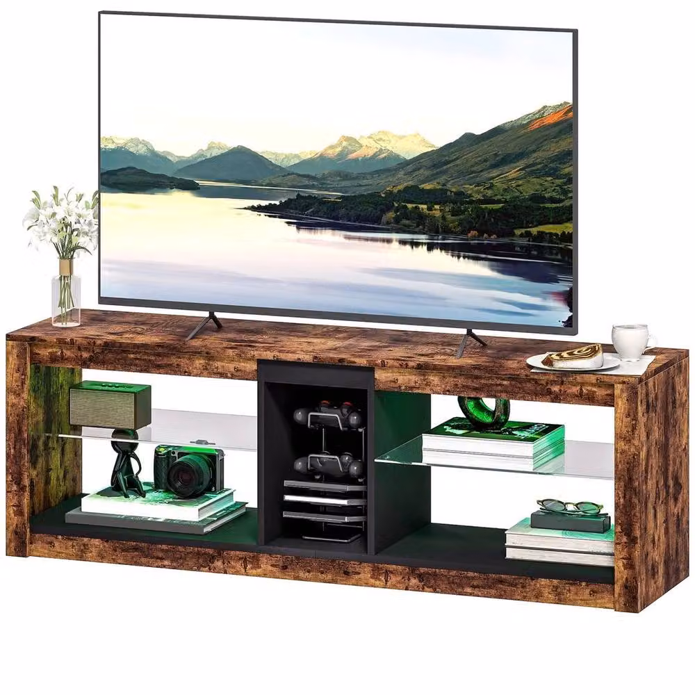 PAWNORA Modern Brown TV Stand and Entertainment Centre with Integrated Lighting and Media Compartments, W: 100 cm, D: 15 cm – 6