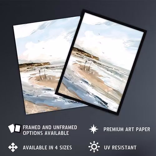 Artery8 Filey Beach Watercolour Coastal Landscape England Framed Wall Art Print, Blue, W: 21.0 x H: 29.7 cm – 2