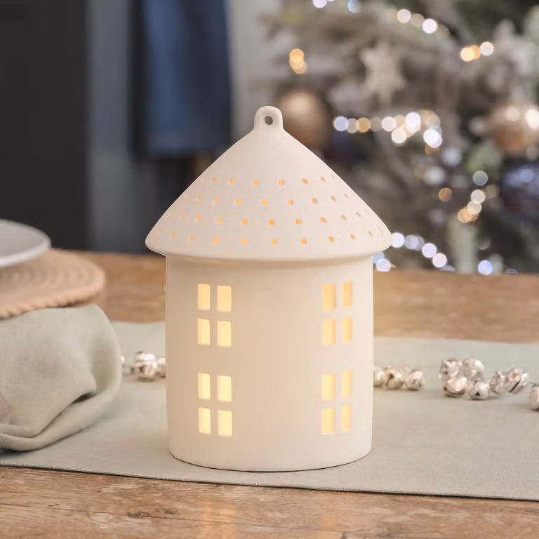 Large White Porcelain Light Up Christmas Hut Hanging Decoration