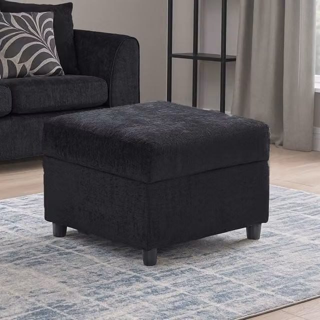 Furnishings For Less UK Zina Soft Chenille Fabric Footstool in Black, W/D/H: 55 x 42 x 42 cm – 1