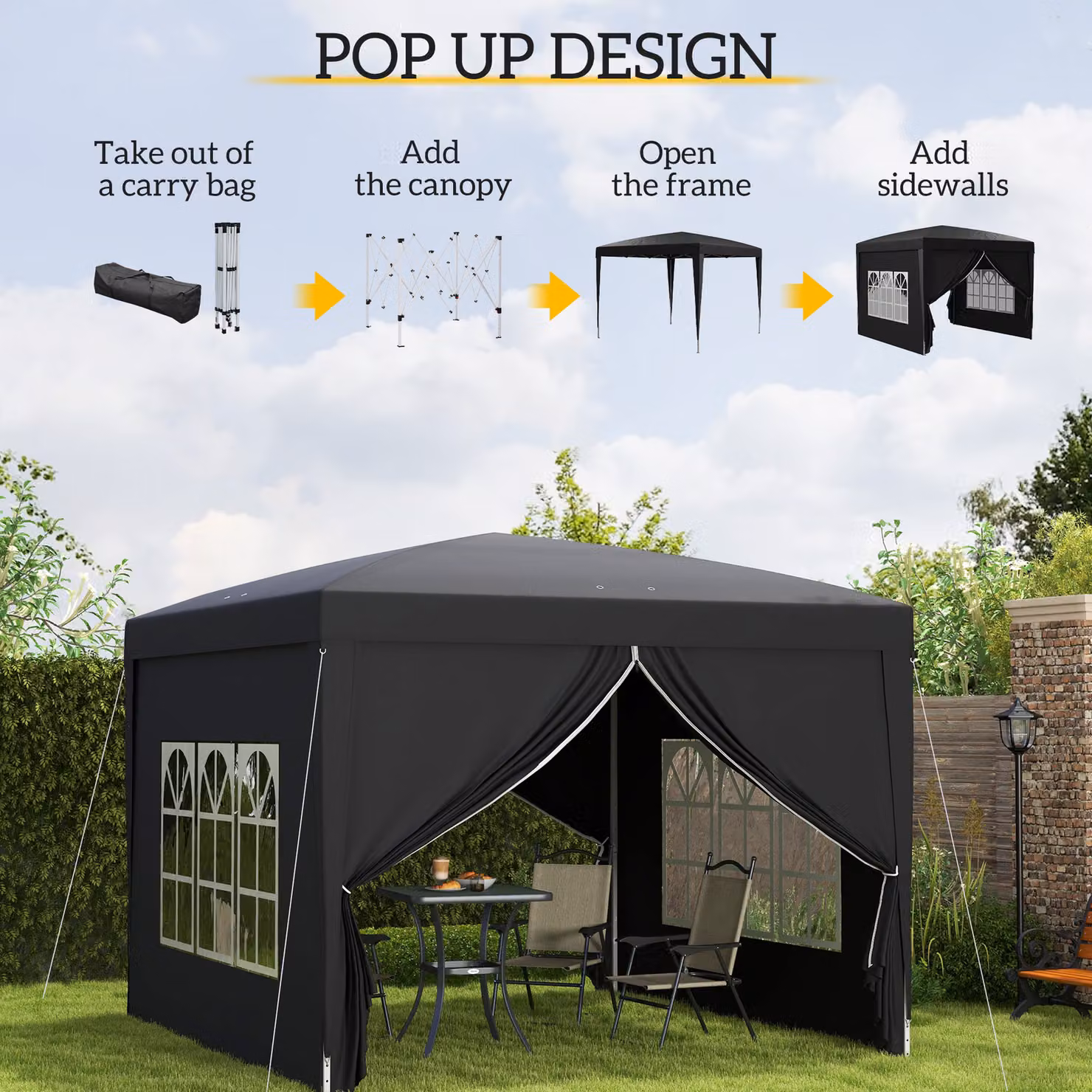 Outsunny Black Pop Up Gazebo with Steel Frame and Windows, W/D/H: 300 x 300 x 258 cm – 4