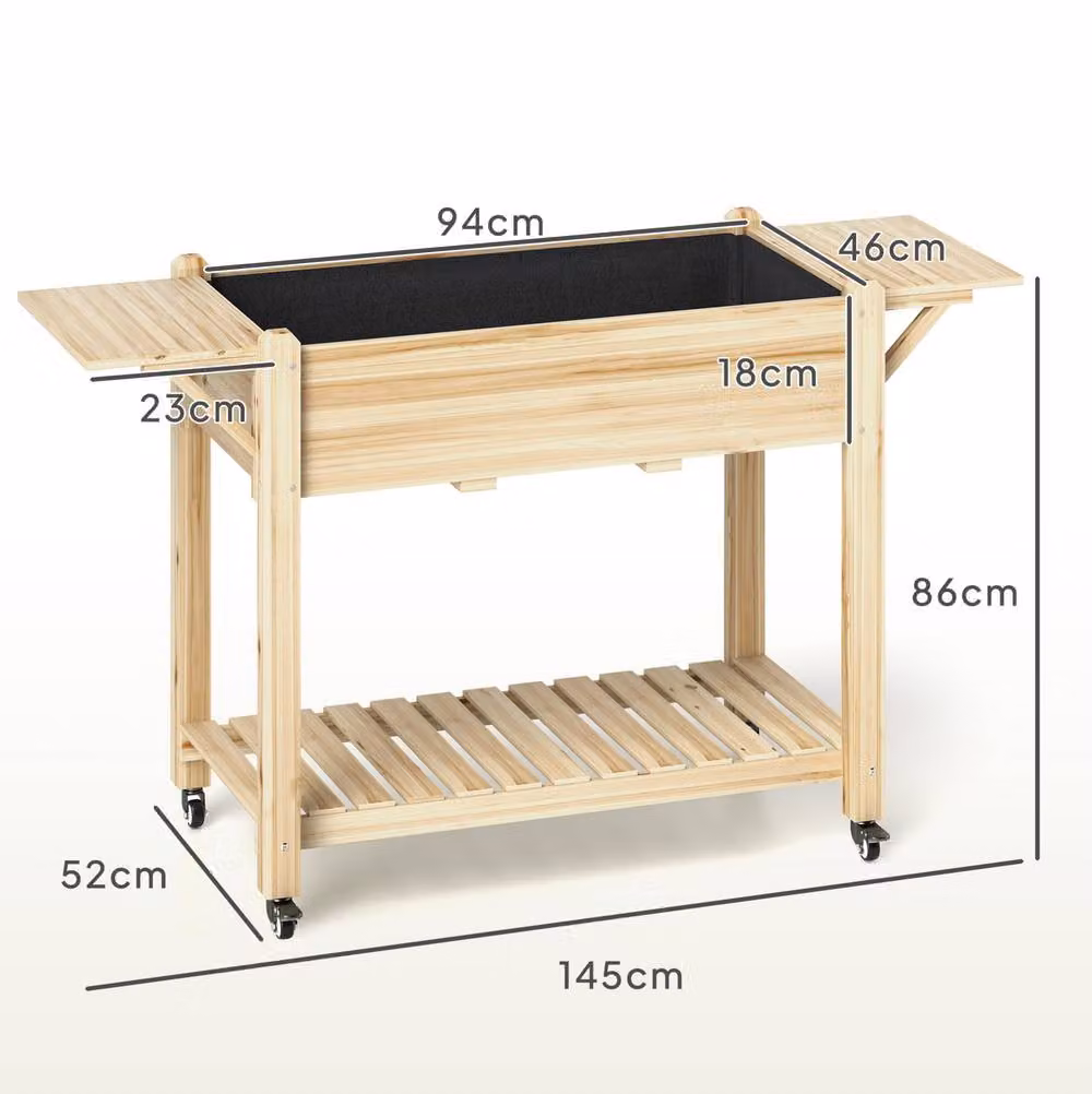 STILVORA Natural Wooden Raised Planter with Shelves and Wheels, Height: 145 cm – 3